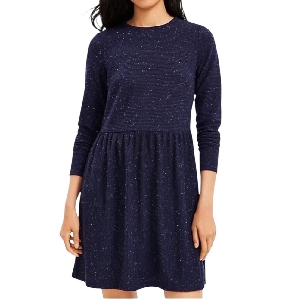 NWT LOFT Womens Ribbed Knit Flecked Babydoll Button Back Swing Dress Size Large